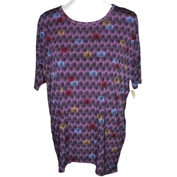 LuLaRoe Irma XXS Purple Geometric Print Short Sleeve Tunic Top Hi Low Hem - Picture 1 of 10